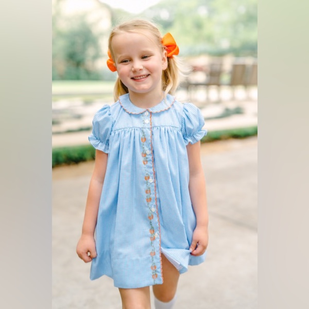 Blue Gingham Dress with Orange Accents